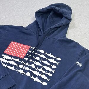 Columbia PFG Hooded Pullover Mens Medium Blue Fishing Graphic Print Logo